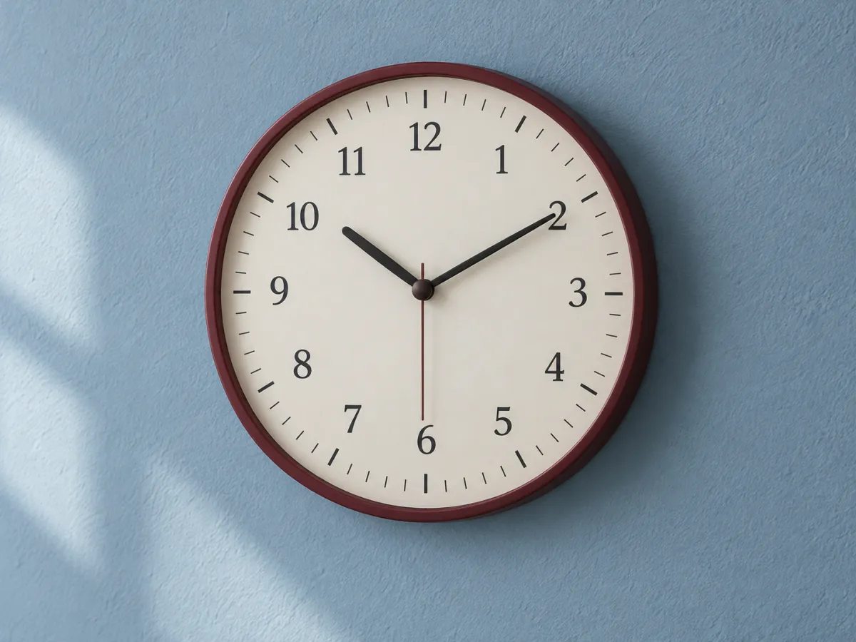 A round clock with a burgundy rim, ivory face and twelve clear numbers hangs on a blue wall, showing ten past ten.