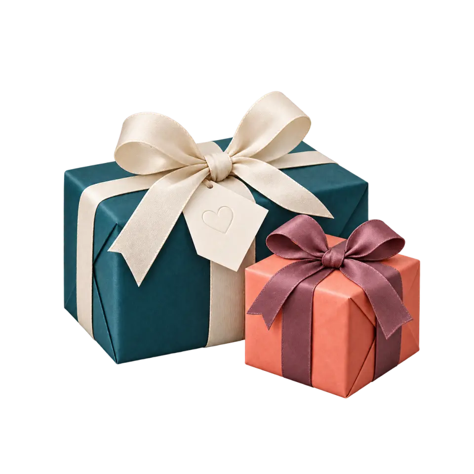 Two teal and coral wrapped gifts with fabric ribbons and a small heart gift tag.