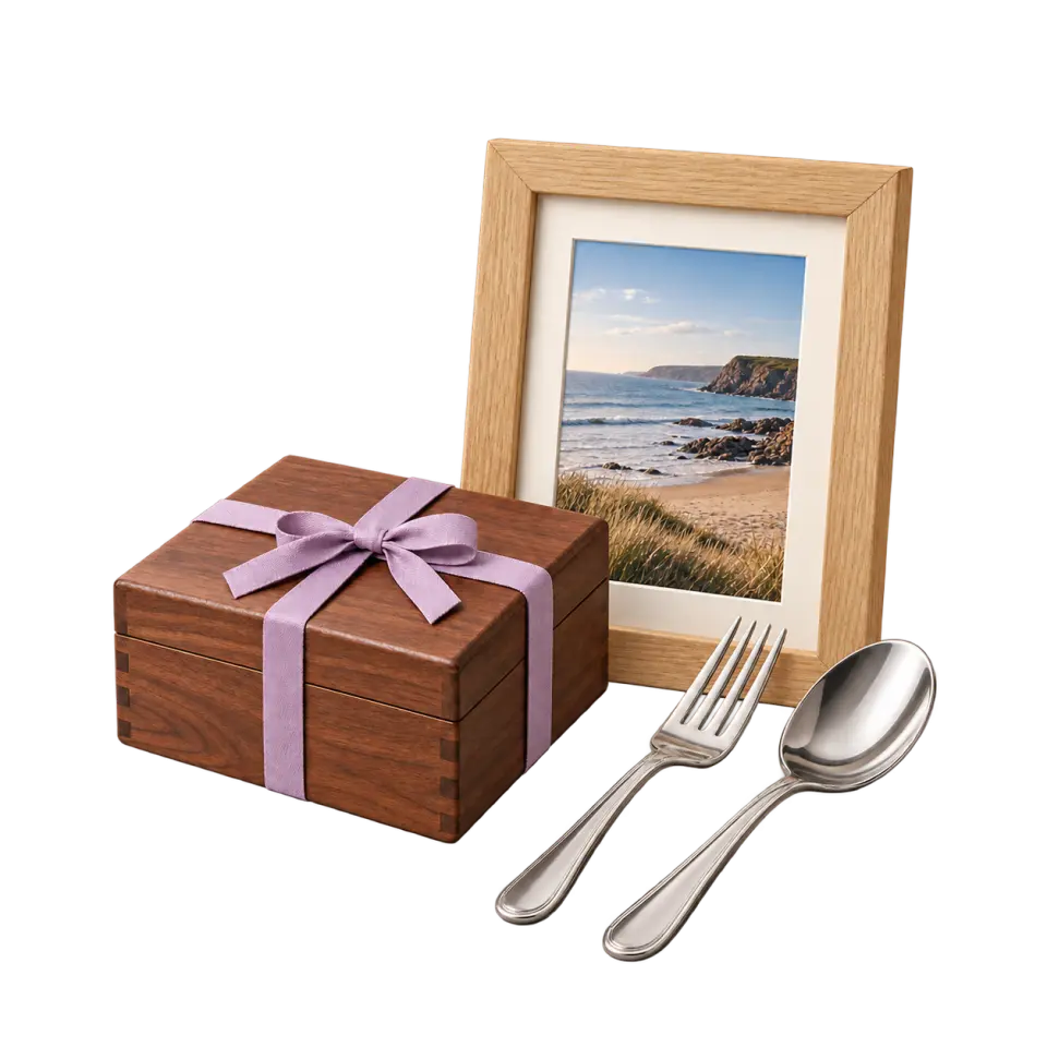 A wooden keepsake box tied with lilac ribbon sits beside an oak picture frame and a steel dinner fork and spoon.
