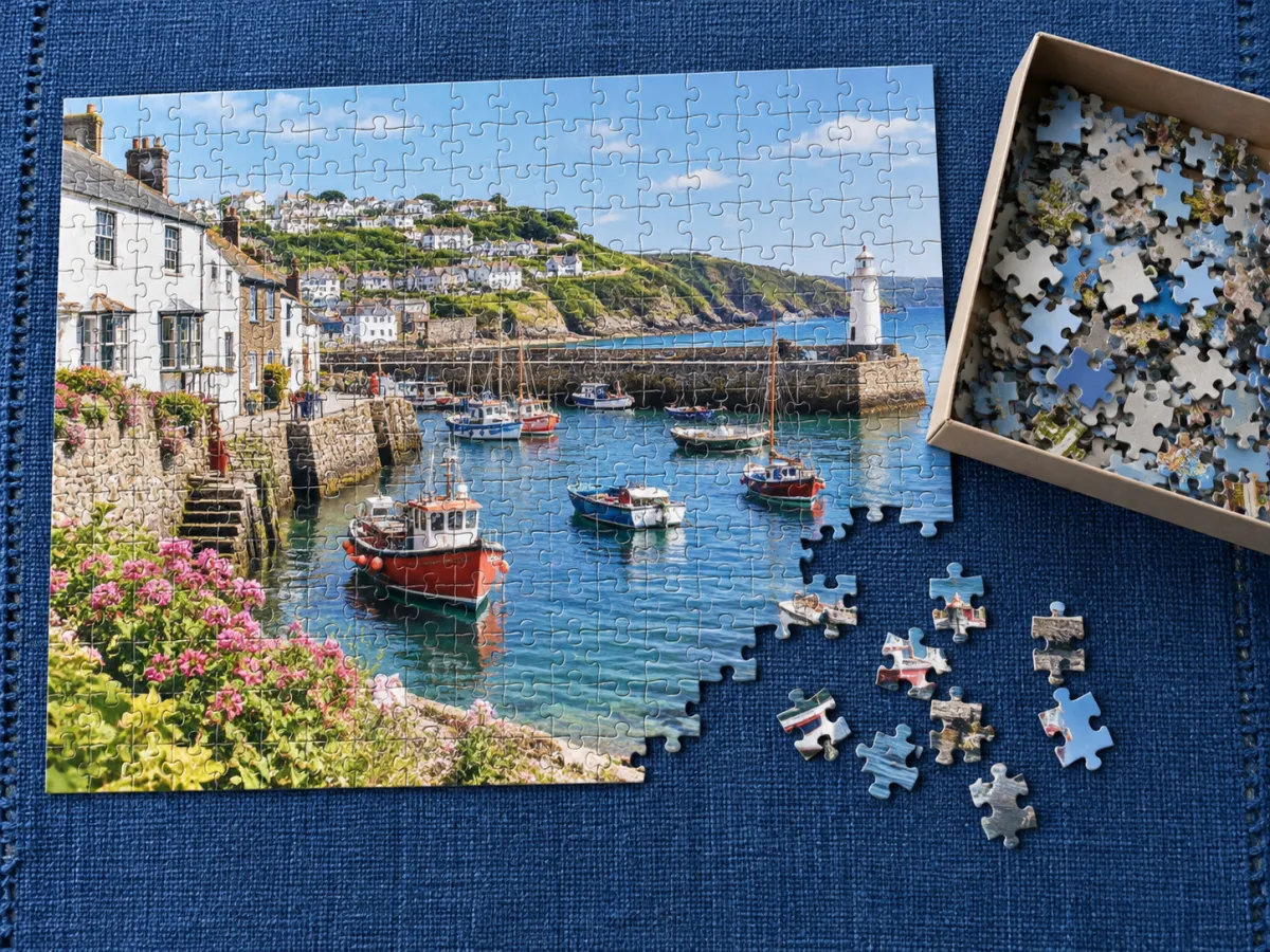 A partly assembled harbor-scene jigsaw on blue fabric, with loose pieces and an open puzzle box.