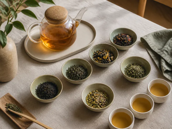 Bowls of loose-leaf tea arranged with a glass teapot and three tasting cups on a linen table.