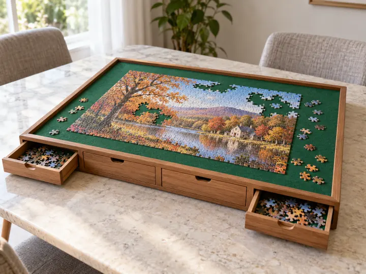A wooden puzzle board with green felt, four sorting drawers and an autumn jigsaw in progress.