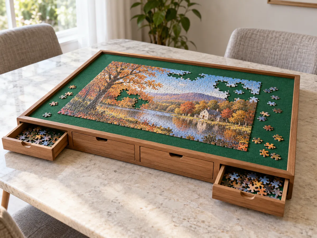 A wooden puzzle board with green felt, four sorting drawers and an autumn jigsaw in progress.