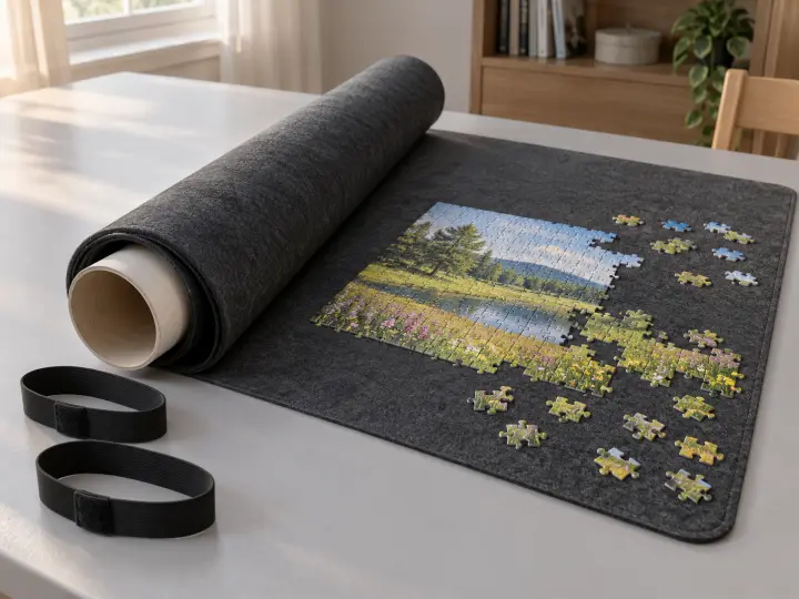 A charcoal felt puzzle mat partly rolled around a cardboard core, with a jigsaw and two securing straps.
