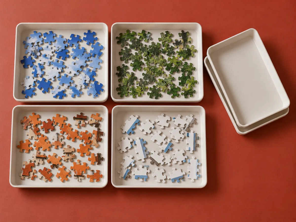Six shallow pale sorting trays on a terracotta surface, with jigsaw pieces grouped by color in four trays.