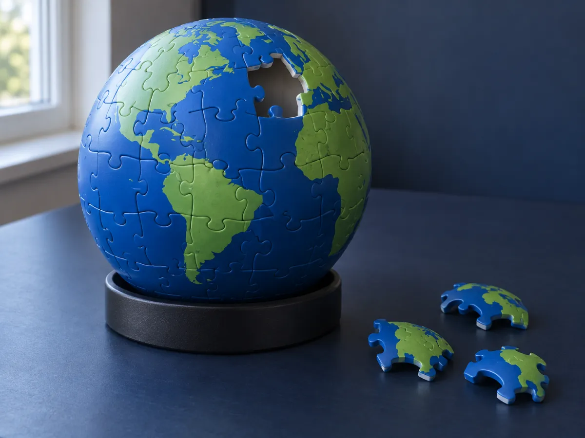 A hollow blue-and-green sphere made from curved jigsaw pieces, on a cradle with loose curved pieces beside it.