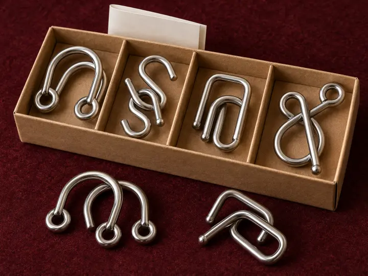 Six small linked steel wire puzzles, four in a divided kraft box and two on burgundy felt.