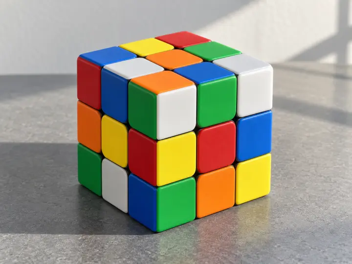 An unbranded scrambled three-by-three color puzzle cube on a gray surface, with three aligned faces visible.