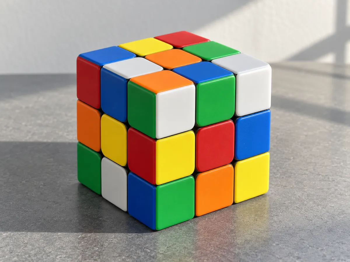 An unbranded scrambled three-by-three color puzzle cube on a gray surface, with three aligned faces visible.