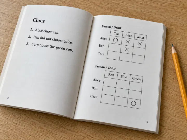 An open paperback with clear clue sentences and two simple logic grids, with a pencil beside the pages.