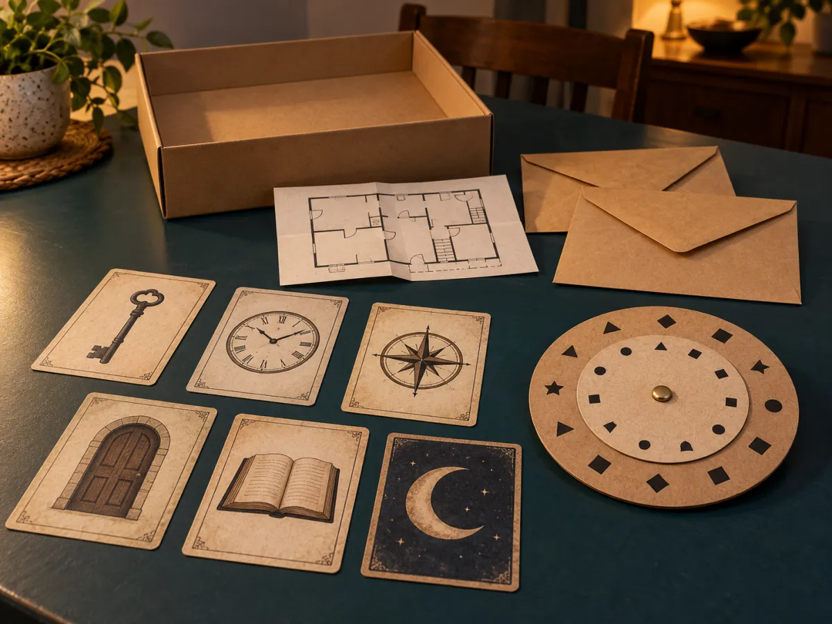 An opened paper escape-room kit with clue cards, envelopes, a floor plan and a cardboard decoding wheel.