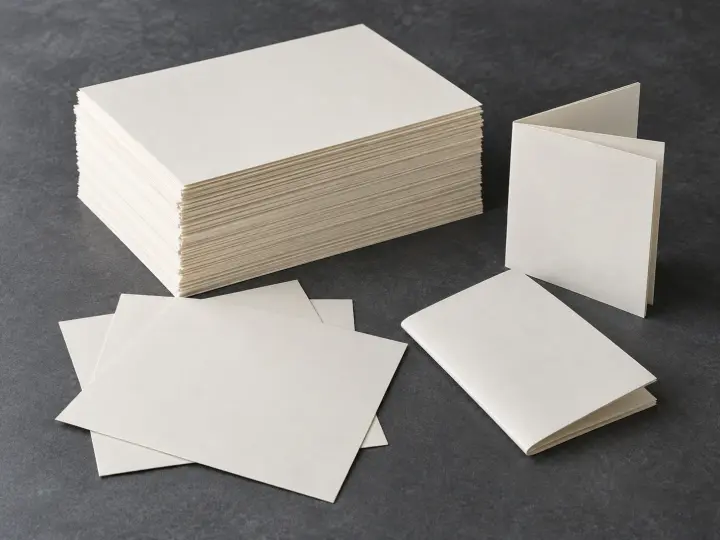 Loose cream paper sheets, a thick unbound stack and folded signatures on a dark gray work surface.