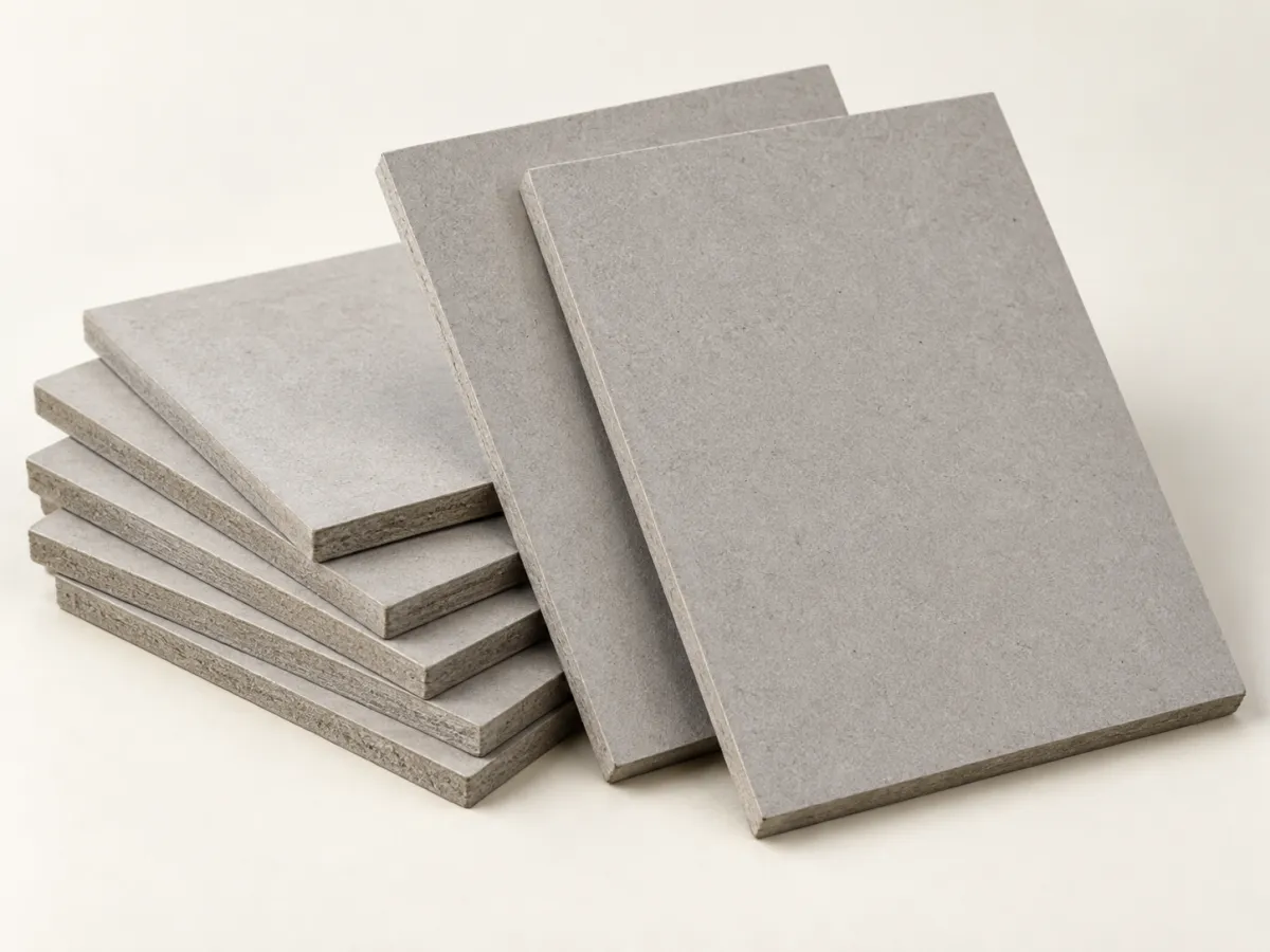 Gray cover boards stacked and leaning together, with their thick fibrous edges visible against an ivory background.