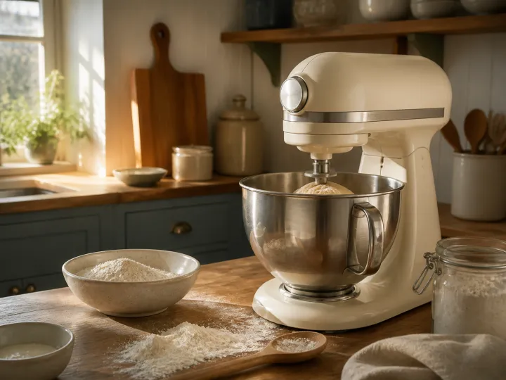 A cream stand mixer working dough in a metal bowl on a sunlit kitchen counter.