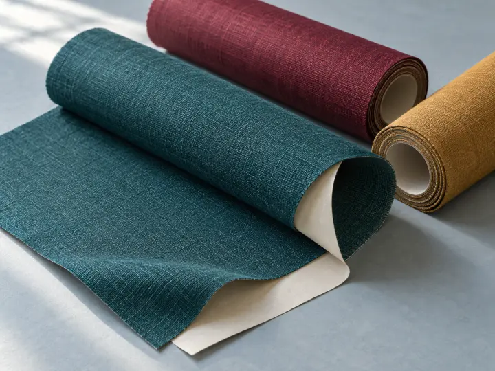 Teal, burgundy and ochre rolls of textured book cloth, with cream paper backing visible beneath an opened teal sheet.