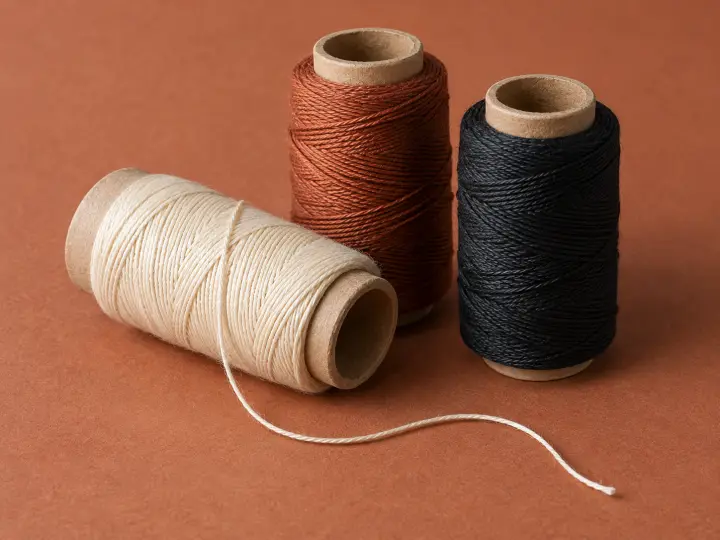 Cream, rust and black thread spools with a loose end on a terracotta work surface.