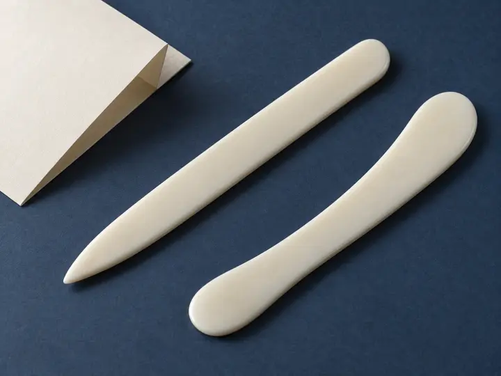 Two smooth ivory creasing tools beside a folded paper scrap on a navy surface.