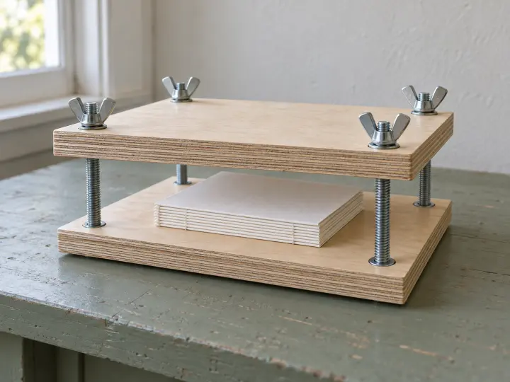 A wooden book press with four threaded bolts and wing nuts holding a blank book block between parallel plates.