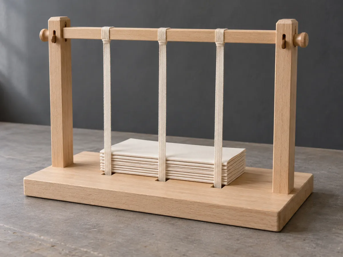 A wooden sewing frame with two uprights, a horizontal bar and three taut support tapes above a broad base.