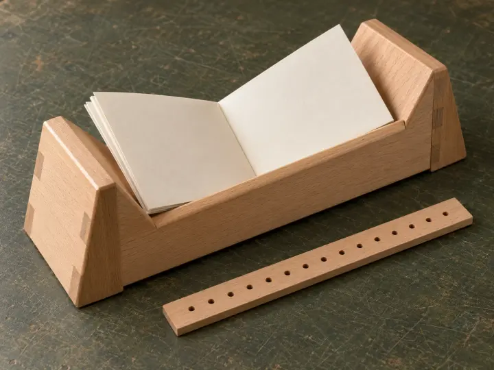 A wooden V-shaped punching cradle holding folded paper, with a separate straight piercing guide alongside.
