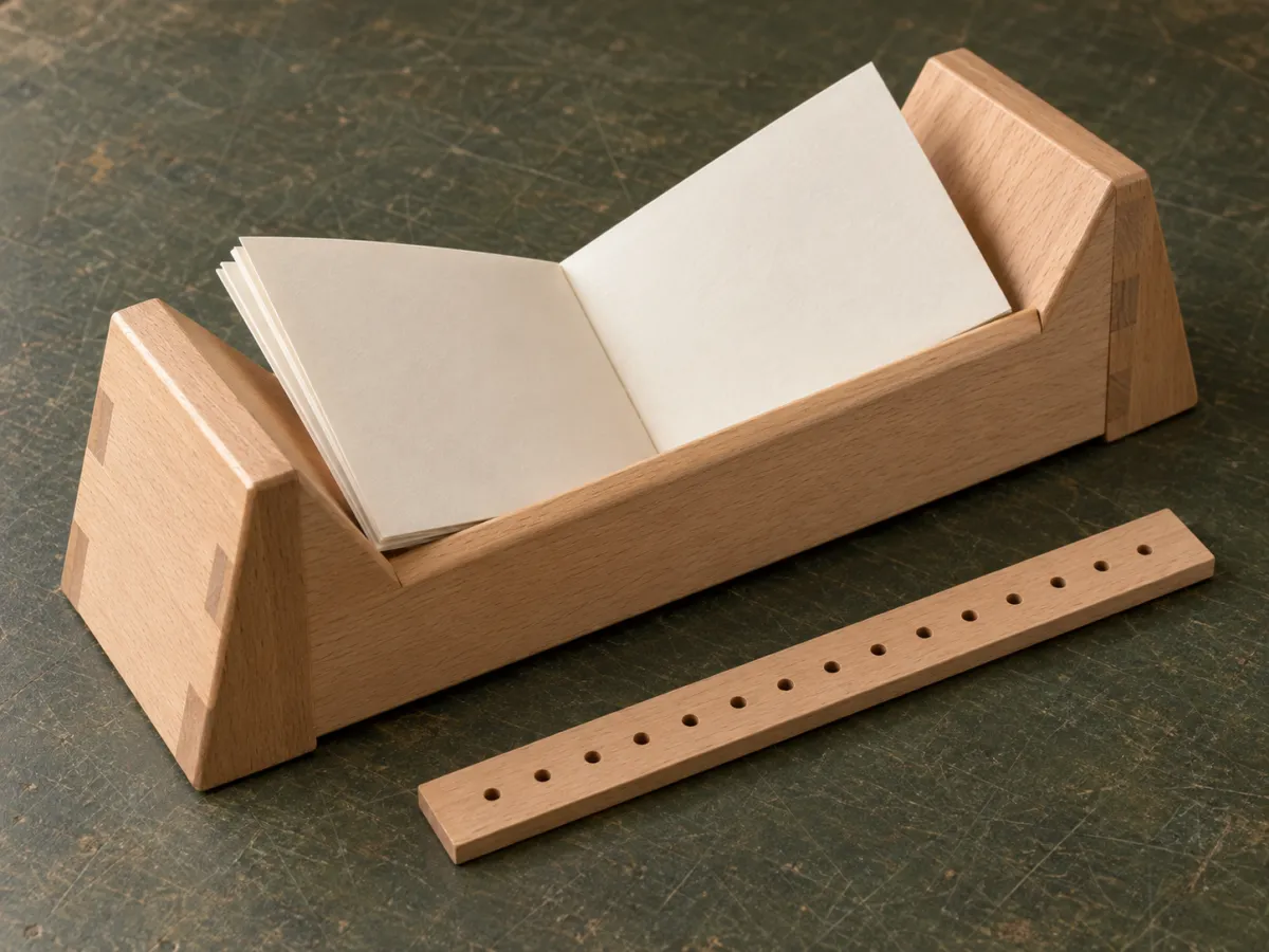 A wooden V-shaped punching cradle holding folded paper, with a separate straight piercing guide alongside.