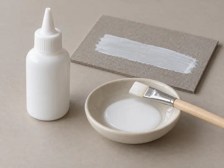 An unlabeled white adhesive bottle beside a small dish of white glue, a brush and a gray cover-board offcut.
