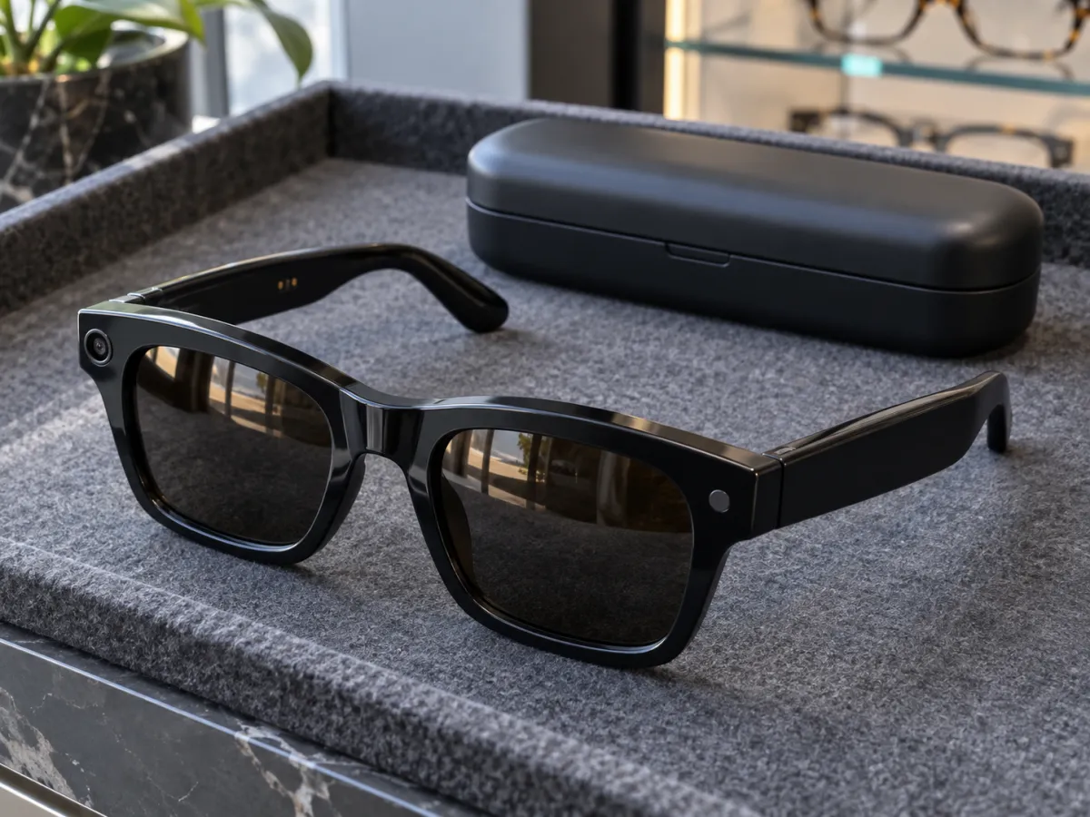 Black camera-equipped smart glasses beside a charging case on an optical fitting tray.