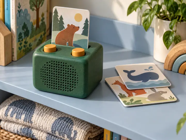 Green children's audio player with a picture card inserted and two story cards beside it.
