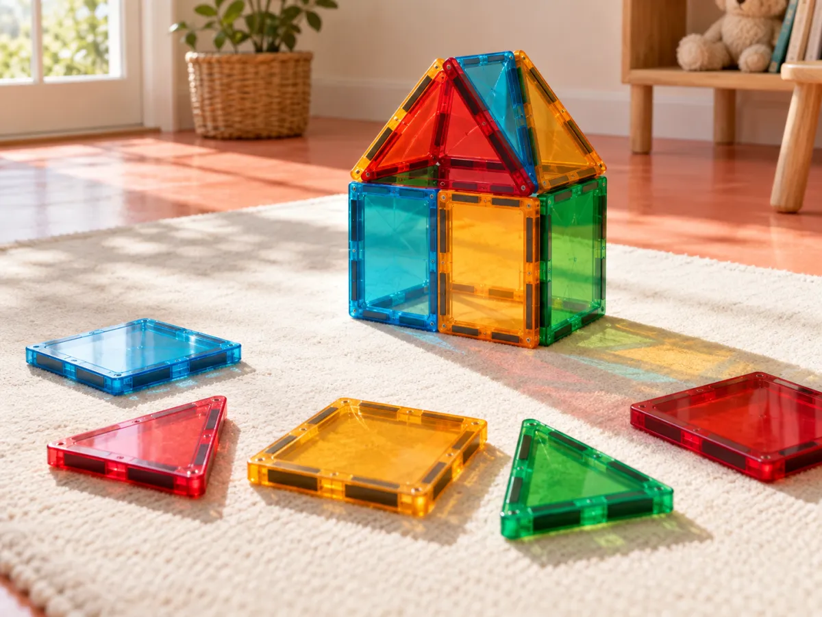 Translucent magnetic tiles assembled into a small house, with loose squares and triangles on a play mat.