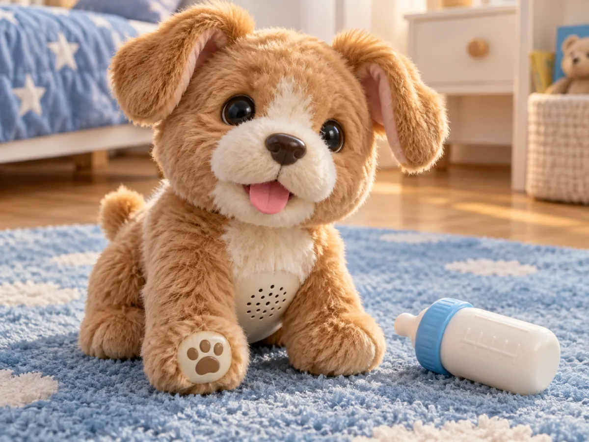 Electronic plush puppy with a paw touch pad and toy feeding bottle on a blue rug.