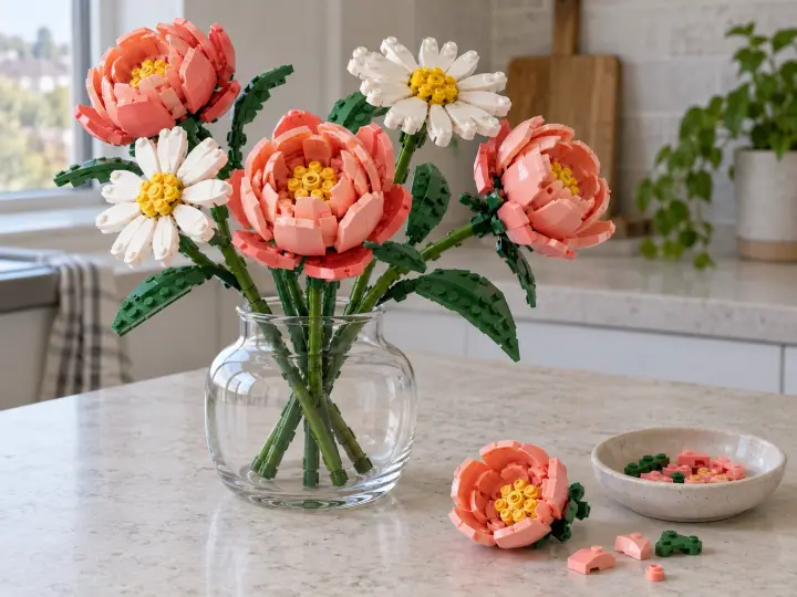 Pink and white brick-built flowers in a glass vase, with matching loose pieces and an unfinished bloom.