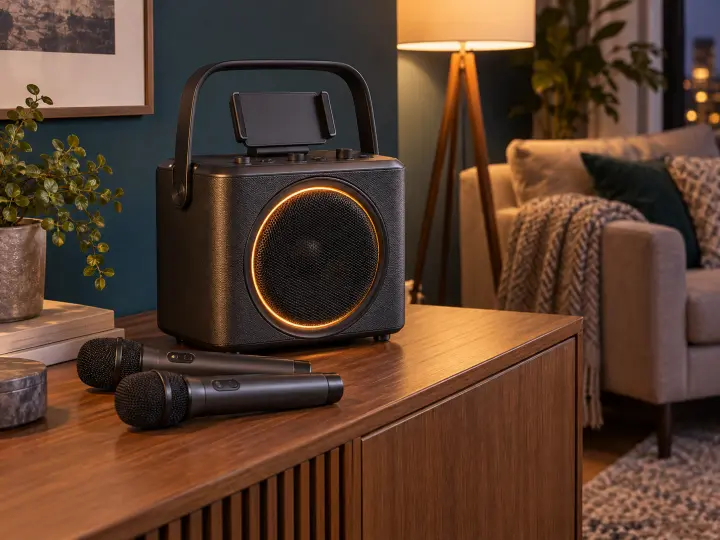 Portable karaoke speaker with two wireless microphones and a tablet stand.