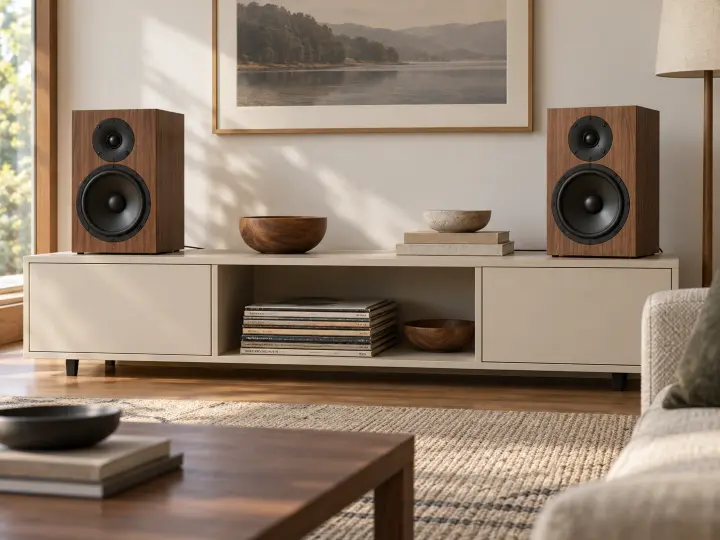A matched pair of compact walnut bookshelf speakers spaced apart on a media console.