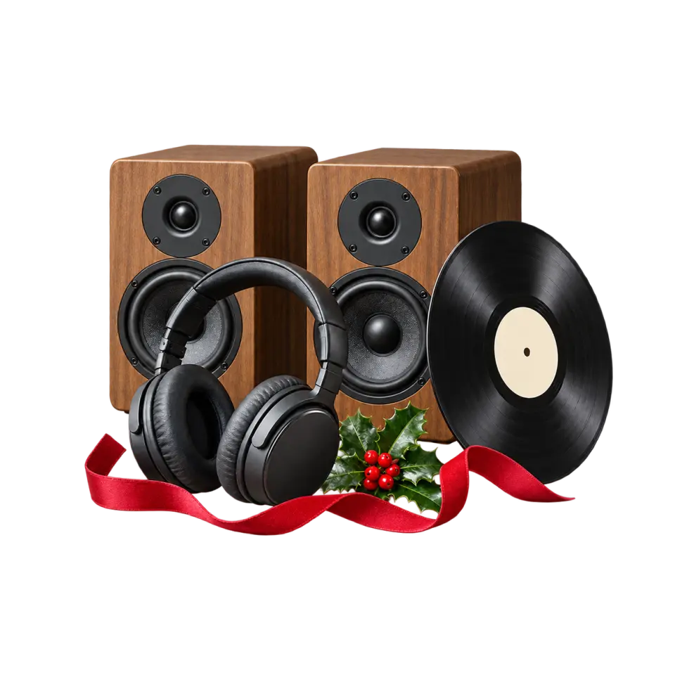 Bookshelf speakers, headphones and a vinyl record with holly and a red Christmas ribbon.