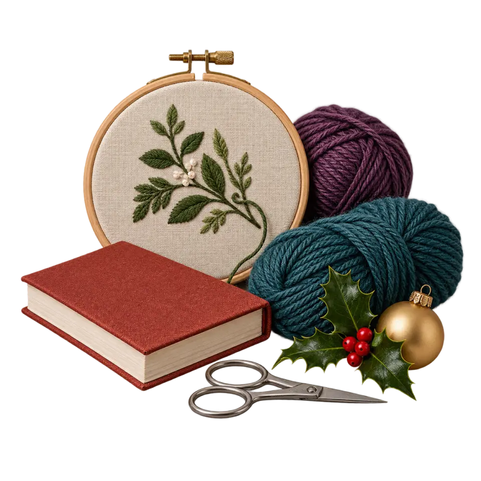 An embroidery hoop, yarn, clothbound book and scissors with holly and a gold Christmas ornament.