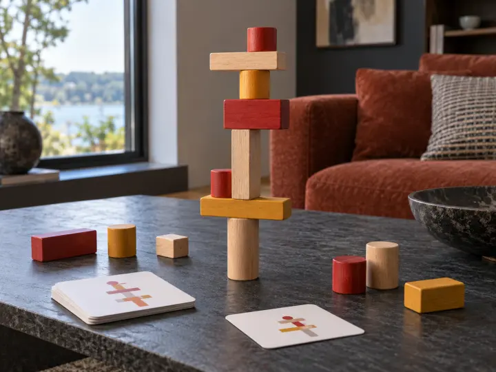 A wooden balancing game with red and yellow pieces, spare blocks and symbol cards on a dark table.