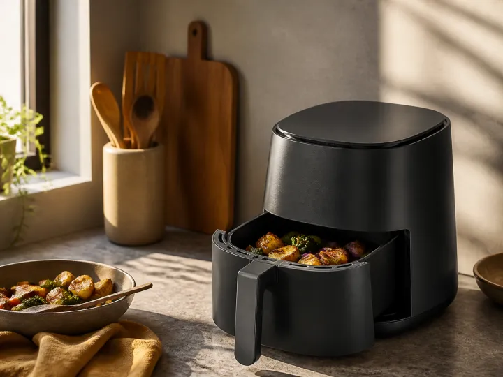 A black air fryer with its open basket filled with crisp roasted vegetables.