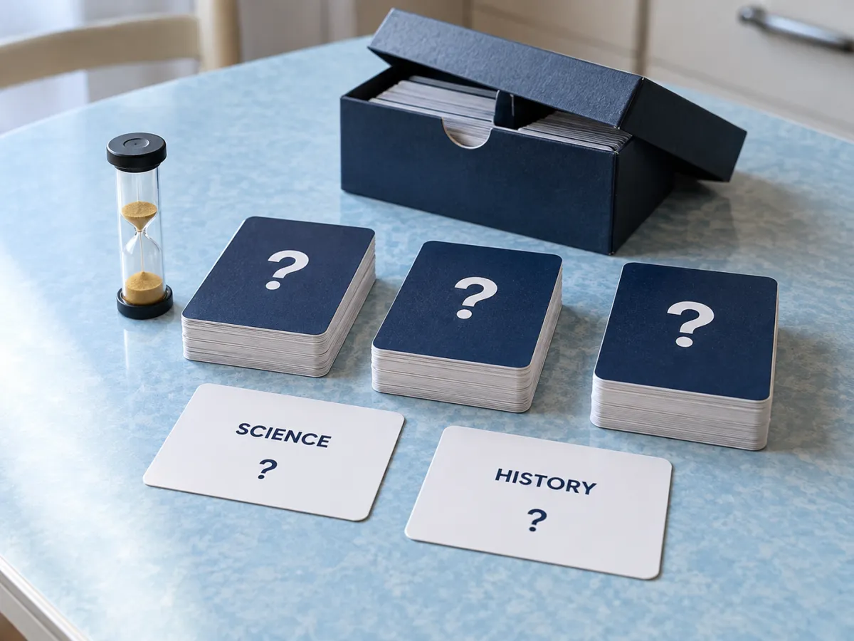 Navy quiz-card decks, Science and History category cards and a sand timer beside a storage box.