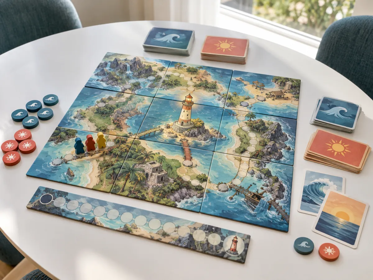 Three wooden pawns together on an illustrated island game with event cards and shared progress counters.