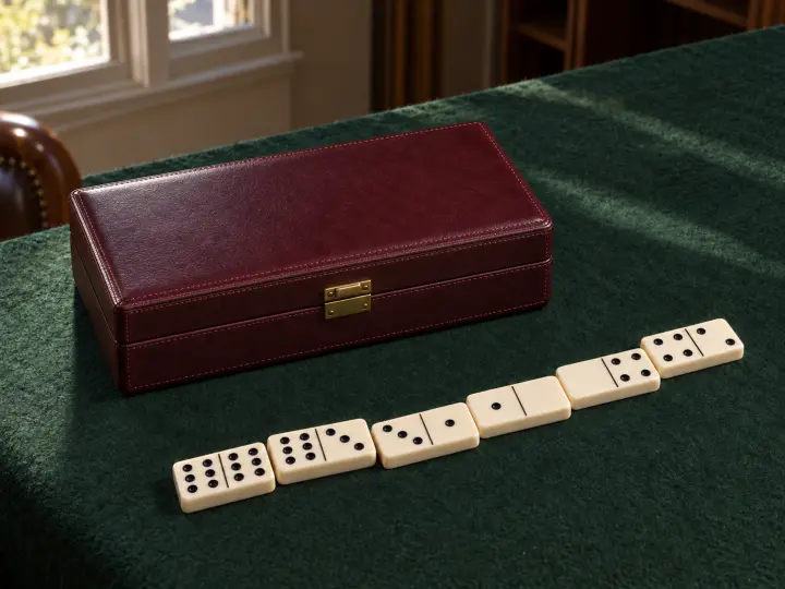 Six ivory dominoes with black pips arranged in a matching chain beside a closed burgundy case.