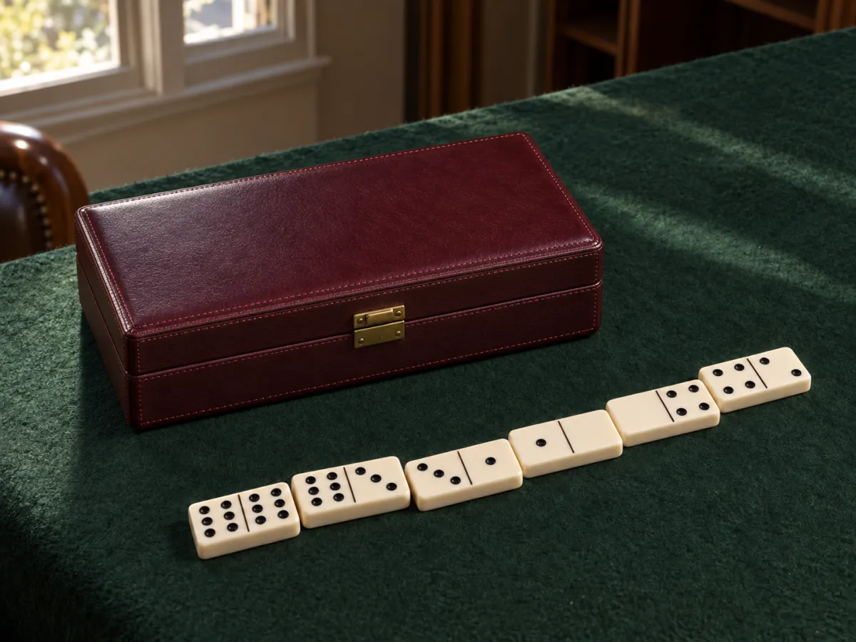 Six ivory dominoes with black pips arranged in a matching chain beside a closed burgundy case.