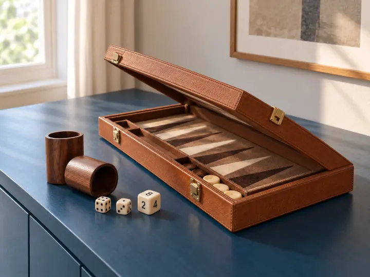 A partly opened brown backgammon case with round checkers, two wooden dice cups, dice and a doubling cube.