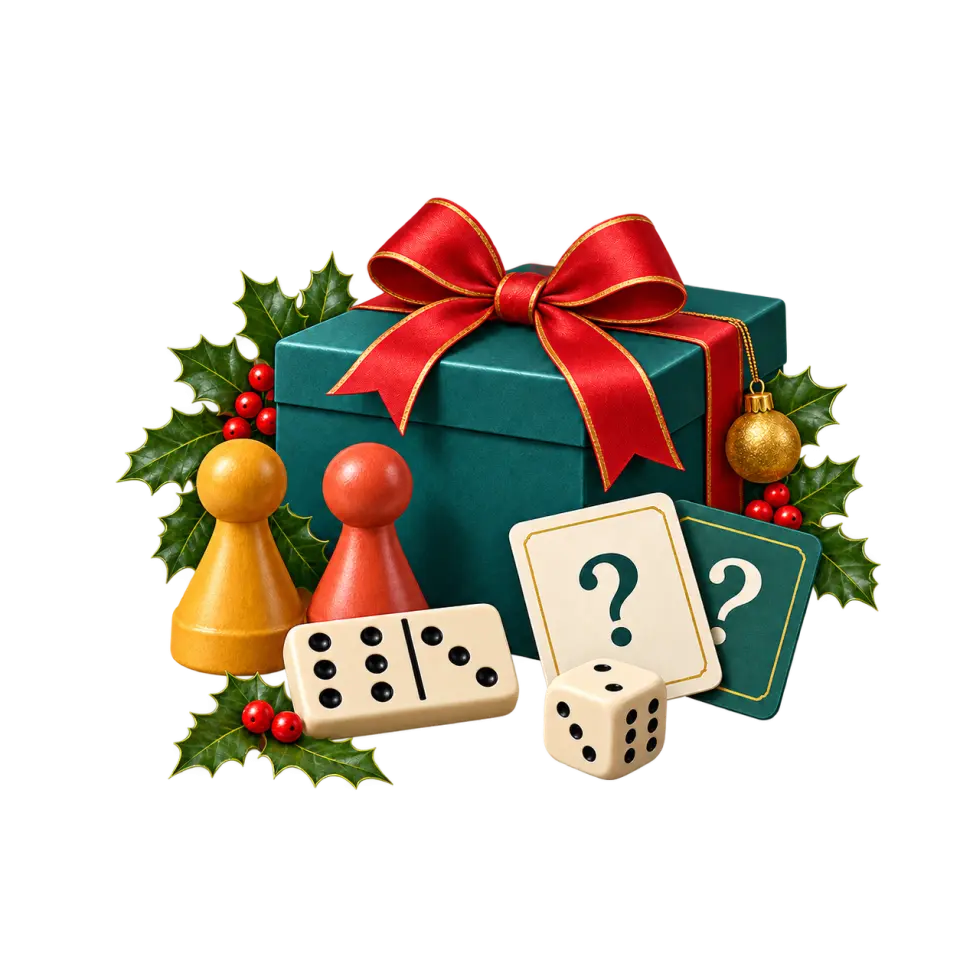 Board-game pawns, quiz cards, a domino and die with a Christmas ribbon, holly and gold ornament.