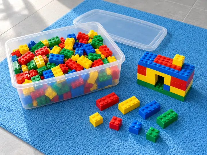 An open tub of red, yellow, green and blue interlocking bricks beside a small brick-built doorway on a blue play mat.