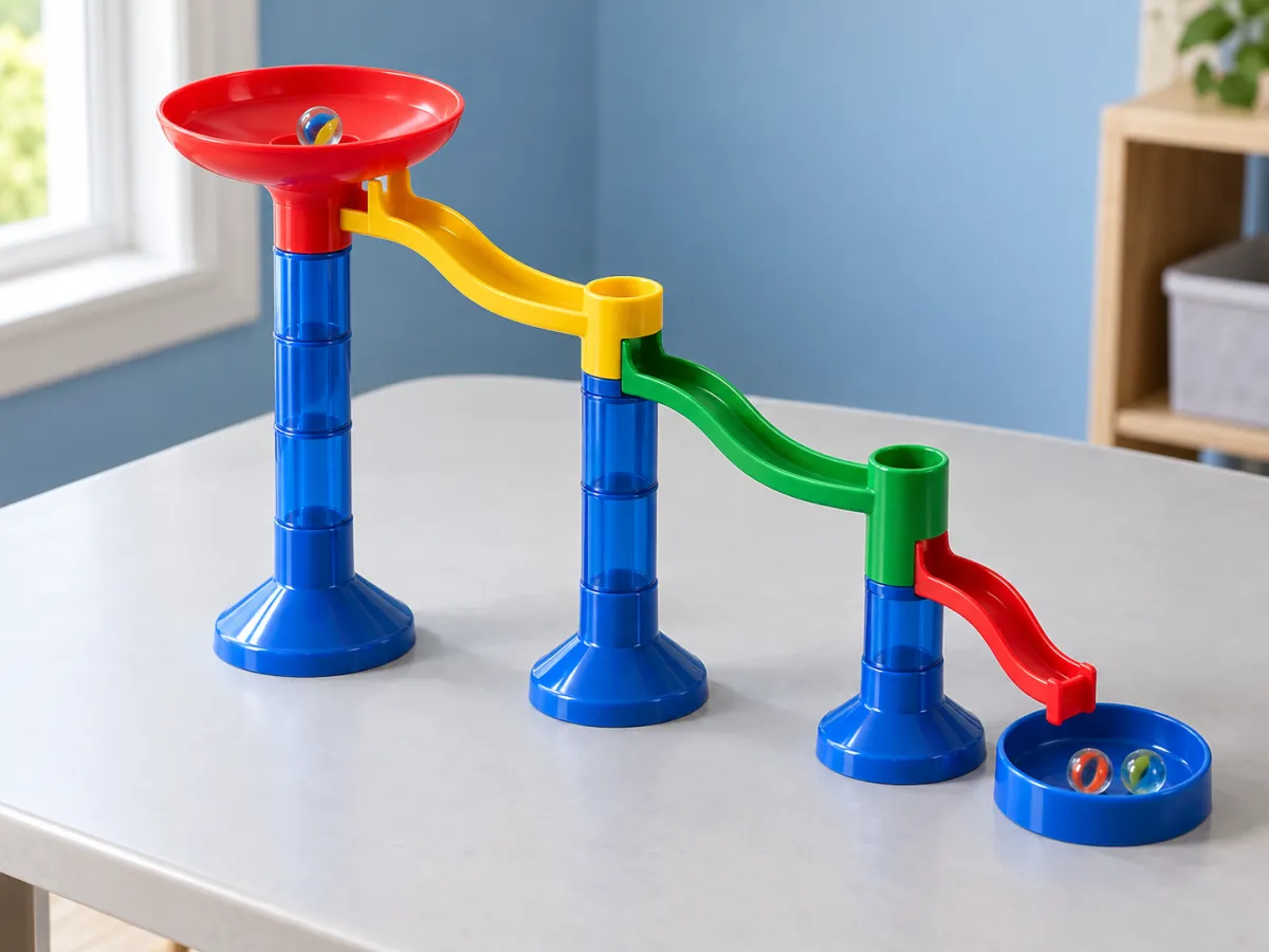 A red funnel and descending yellow, green and red marble tracks on three blue supports, with glass marbles in a catch tray.