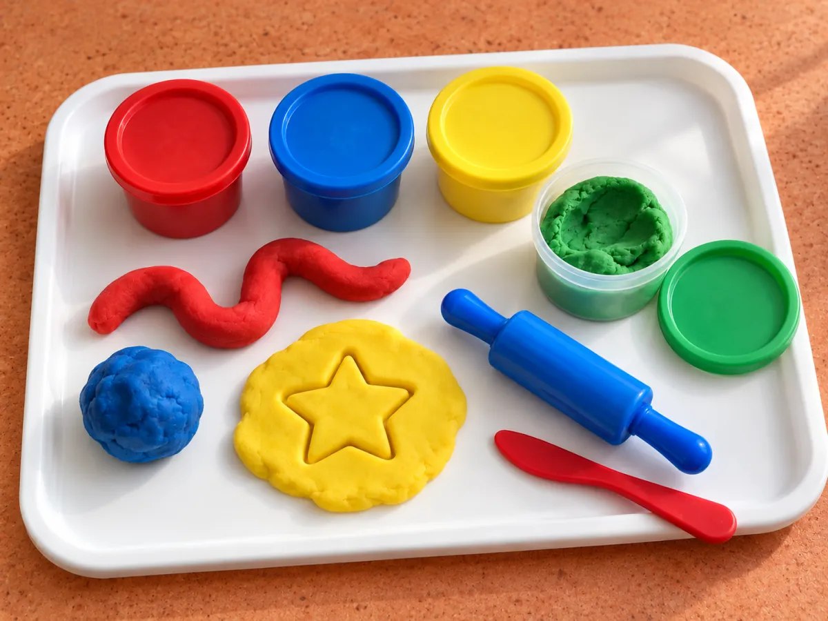 Four play dough tubs, red, blue and yellow dough shapes, a blue roller and a red modeling tool on a white tray.