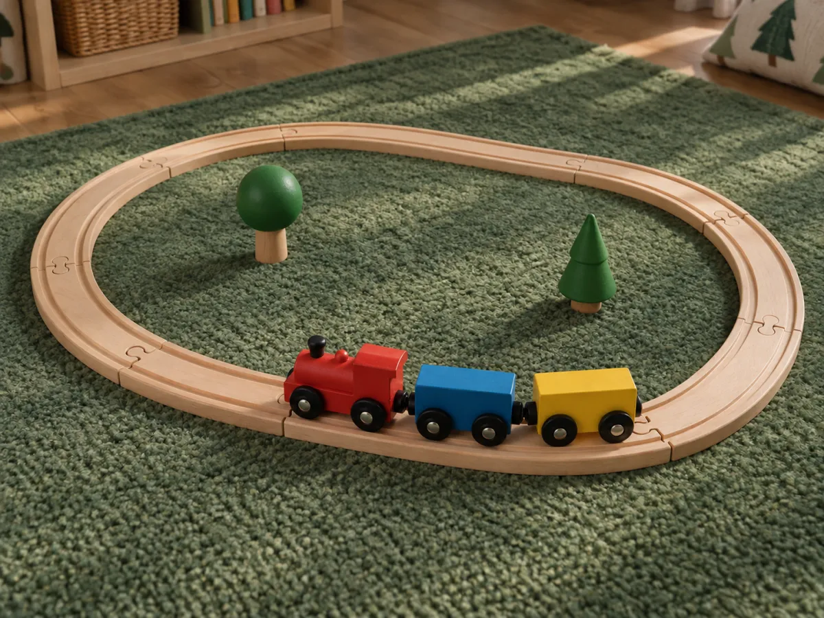 A red wooden locomotive and blue and yellow wagons on an oval wooden track with two toy trees.