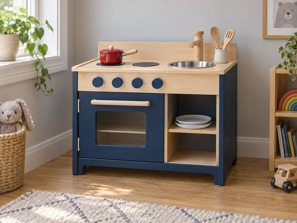 A compact navy and natural wood play kitchen with a toy saucepan, sink, oven and open storage shelf.