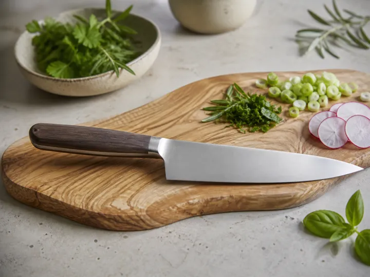 A chef's knife with a dark wooden handle resting beside chopped herbs and vegetables.