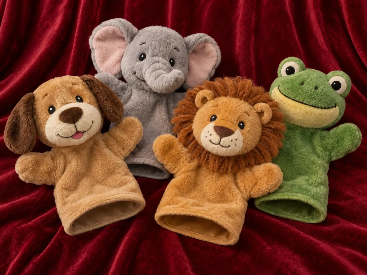 Dog, elephant, lion and frog hand puppets with open glove cuffs arranged on burgundy fabric.